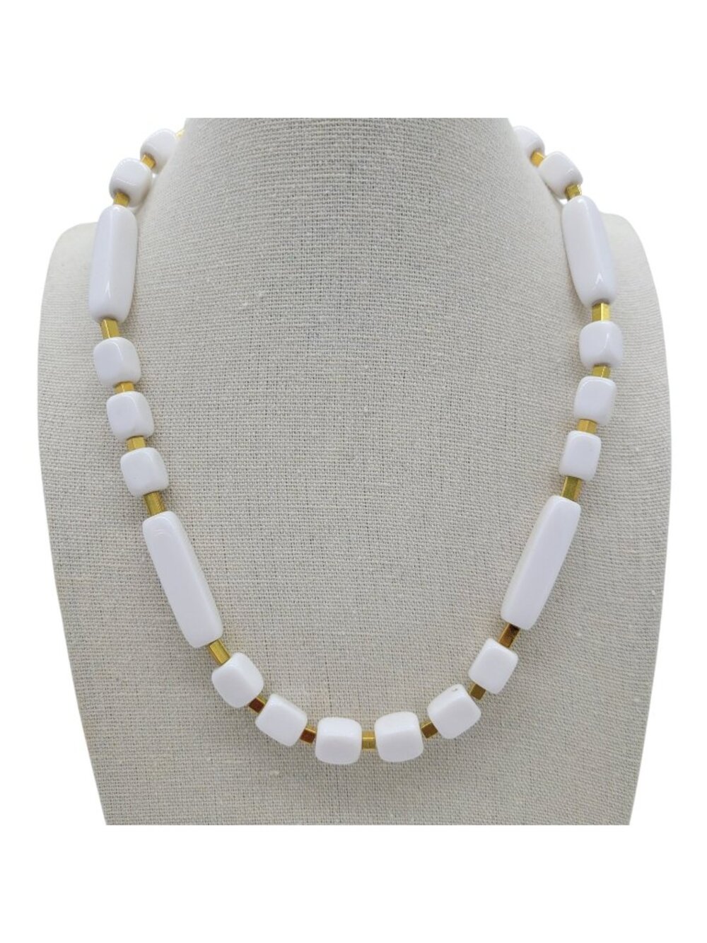 Vintage Trifari White Acrylic Gold Tone Spacers Beaded Necklace 18" Collectible